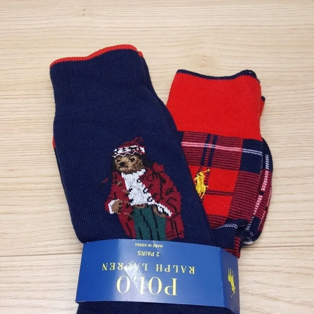 POLO RALPH LAUREN Crew Dress Socks Mens Red Blue 2-Pack Bear Plaid Pony Logo